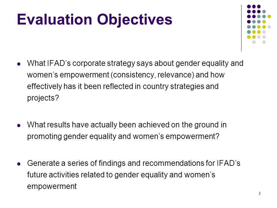 Evaluation Objectives What IFAD’s corporate strategy says about gender equality and women’s empowerment (consistency, relevance) and how effectively has it been reflected in country strategies and projects.