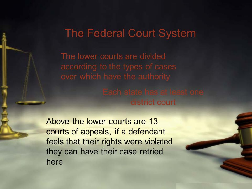 The Federal Court System The lower courts are divided according to the types of cases over which have the authority Each state has at least one district court Above the lower courts are 13 courts of appeals, if a defendant feels that their rights were violated they can have their case retried here