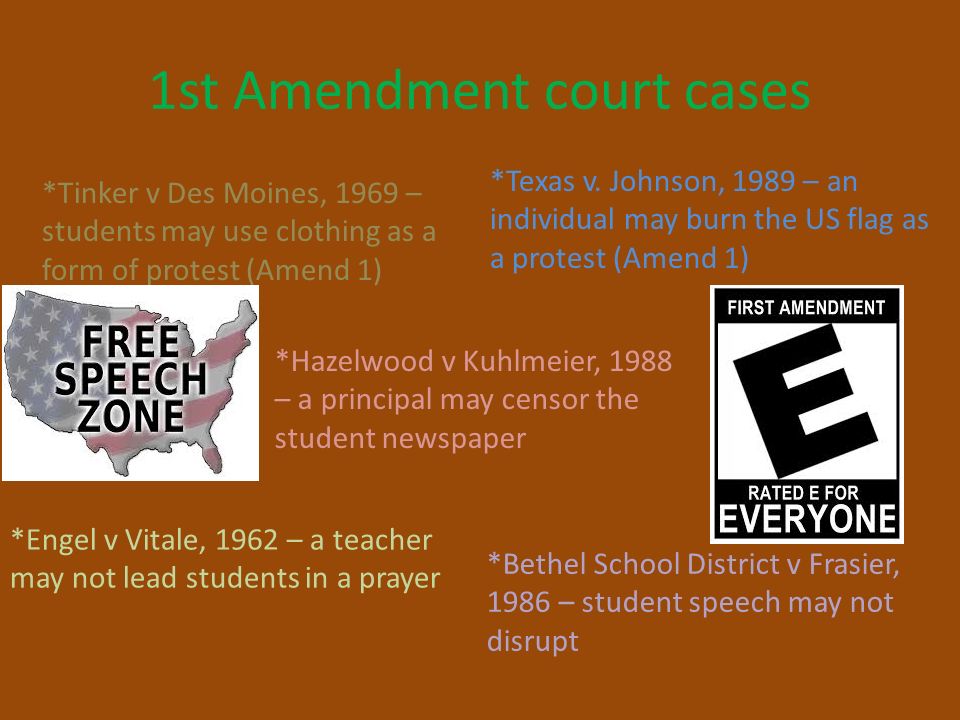 1st Amendment court cases *Tinker v Des Moines, 1969 – students may use clothing as a form of protest (Amend 1) *Hazelwood v Kuhlmeier, 1988 – a principal may censor the student newspaper *Bethel School District v Frasier, 1986 – student speech may not disrupt *Engel v Vitale, 1962 – a teacher may not lead students in a prayer *Texas v.