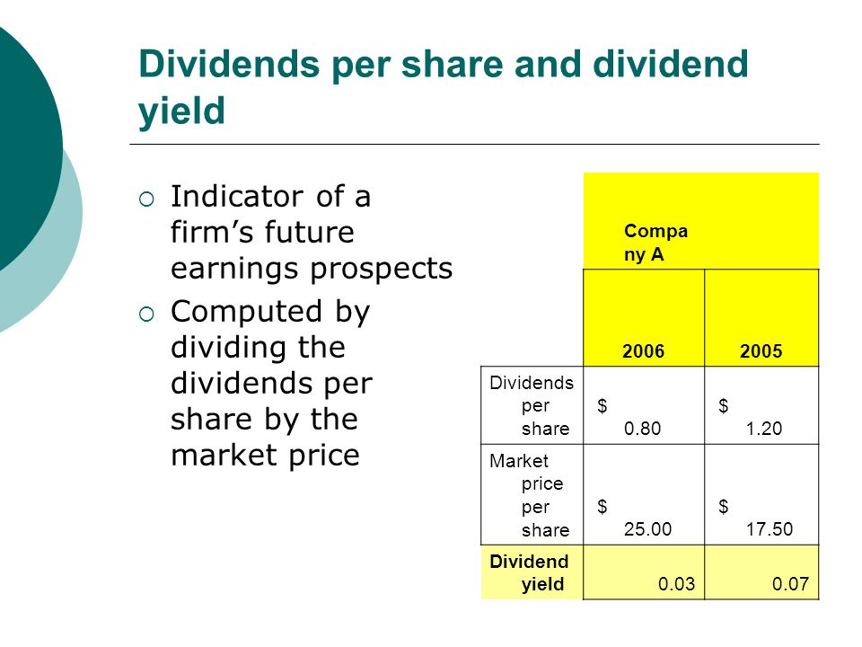 Dividends per share and dividend yield  Indicator of a firm’s future earnings prospects  Computed by dividing the dividends per share by the market price Compa ny A Dividends per share $ 0.80 $ 1.20 Market price per share $ $ Dividend yield