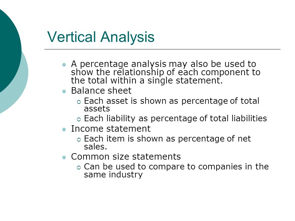Vertical Analysis A percentage analysis may also be used to show the relationship of each component to the total within a single statement.
