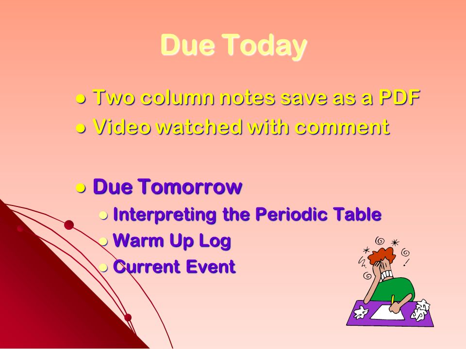 11 due today two column notes save as a pdf video watched with comment due tomorrow interpreting the periodic table warm up log current event - Periodic Table A Level Pdf 11 due today two column notes save as a pdf video watched with comment due tomorrow interpreting the periodic table warm up log current event - Periodic Table A Level Pdf