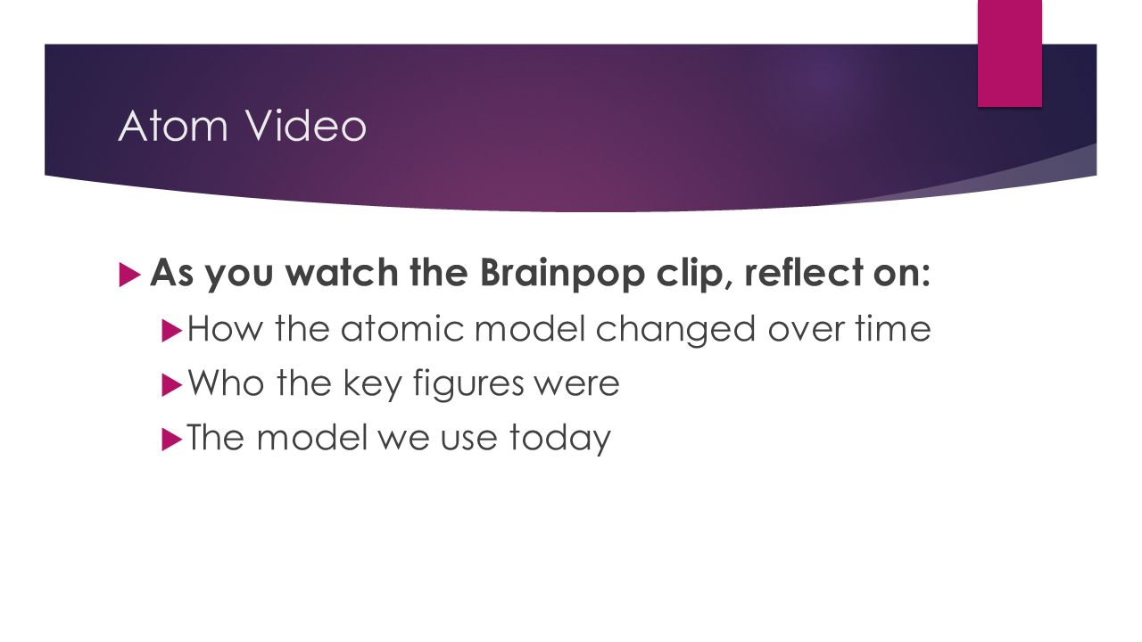 Atom Video  As you watch the Brainpop clip, reflect on:  How the atomic model changed over time  Who the key figures were  The model we use today