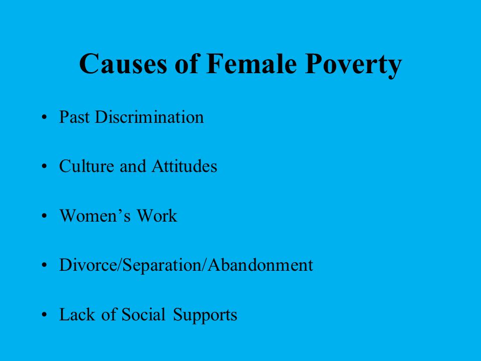 Causes of Female Poverty Past Discrimination Culture and Attitudes Women’s Work Divorce/Separation/Abandonment Lack of Social Supports