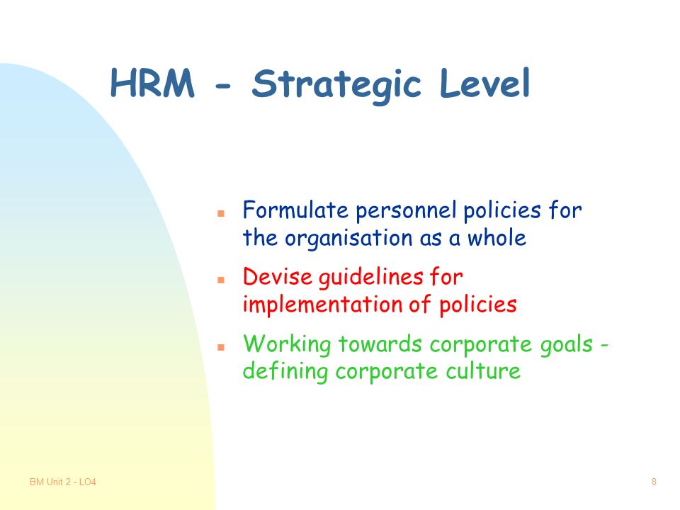 BM Unit 2 - LO47 HRM Roles Executive - experts in the HRM area - policies developed in line with legal requirements Audit - policies properly implemented Facilitator - training of staff to respond to HRM issues Consultancy - advice and guidance to managers on HRM problems Service - providing up-to-date information on legislation