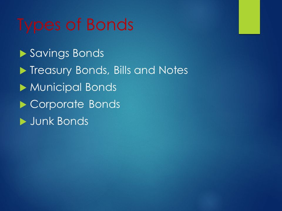 Types of Bonds  Savings Bonds  Treasury Bonds, Bills and Notes  Municipal Bonds  Corporate Bonds  Junk Bonds