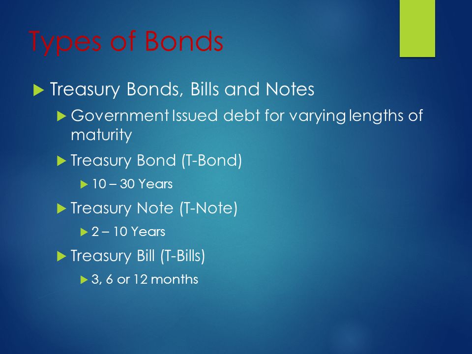 Types of Bonds  Treasury Bonds, Bills and Notes  Government Issued debt for varying lengths of maturity  Treasury Bond (T-Bond)  10 – 30 Years  Treasury Note (T-Note)  2 – 10 Years  Treasury Bill (T-Bills)  3, 6 or 12 months