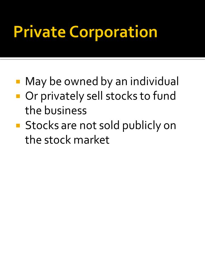  May be owned by an individual  Or privately sell stocks to fund the business  Stocks are not sold publicly on the stock market