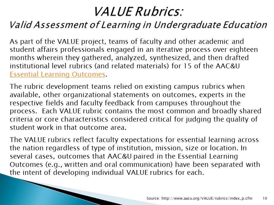 10 As part of the VALUE project, teams of faculty and other academic and student affairs professionals engaged in an iterative process over eighteen months wherein they gathered, analyzed, synthesized, and then drafted institutional level rubrics (and related materials) for 15 of the AAC&U Essential Learning Outcomes.