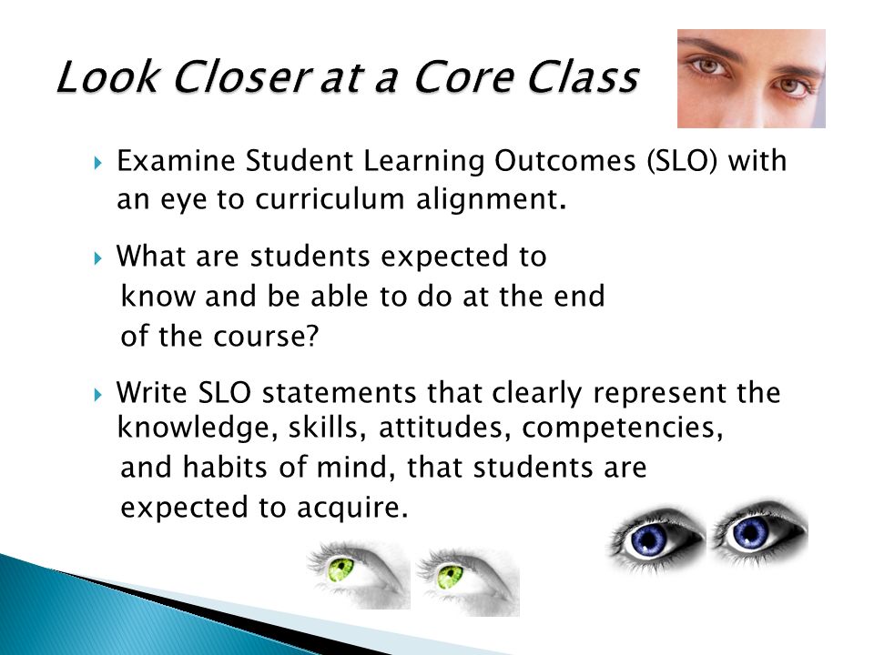  Examine Student Learning Outcomes (SLO) with an eye to curriculum alignment.