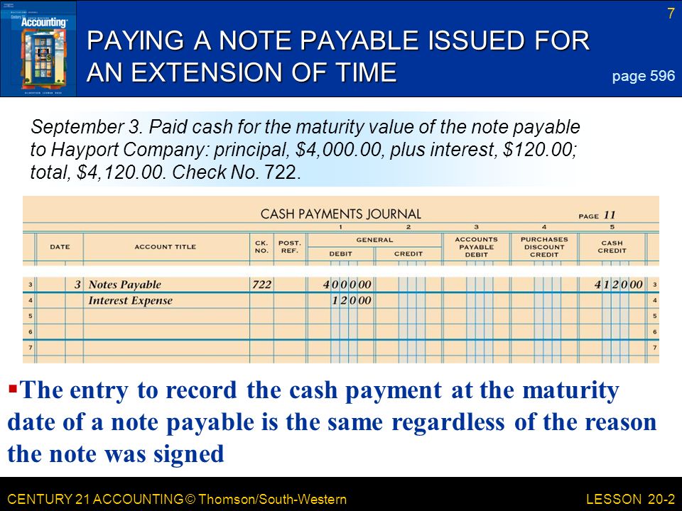 CENTURY 21 ACCOUNTING © Thomson/South-Western 7 LESSON 20-2 PAYING A NOTE PAYABLE ISSUED FOR AN EXTENSION OF TIME page 596 September 3.