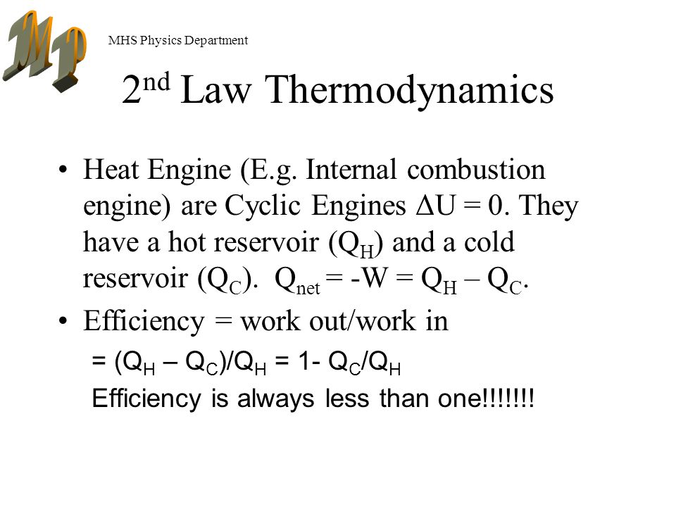 MHS Physics Department 2 nd Law Thermodynamics Heat Engine (E.g.