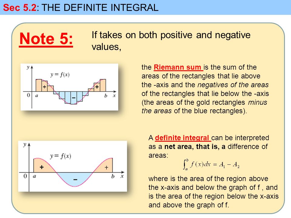 Note 5: Sec 5.2: THE DEFINITE INTEGRAL If takes on both positive and negative values, the Riemann sum is the sum of the areas of the rectangles that lie above the -axis and the negatives of the areas of the rectangles that lie below the -axis (the areas of the gold rectangles minus the areas of the blue rectangles).