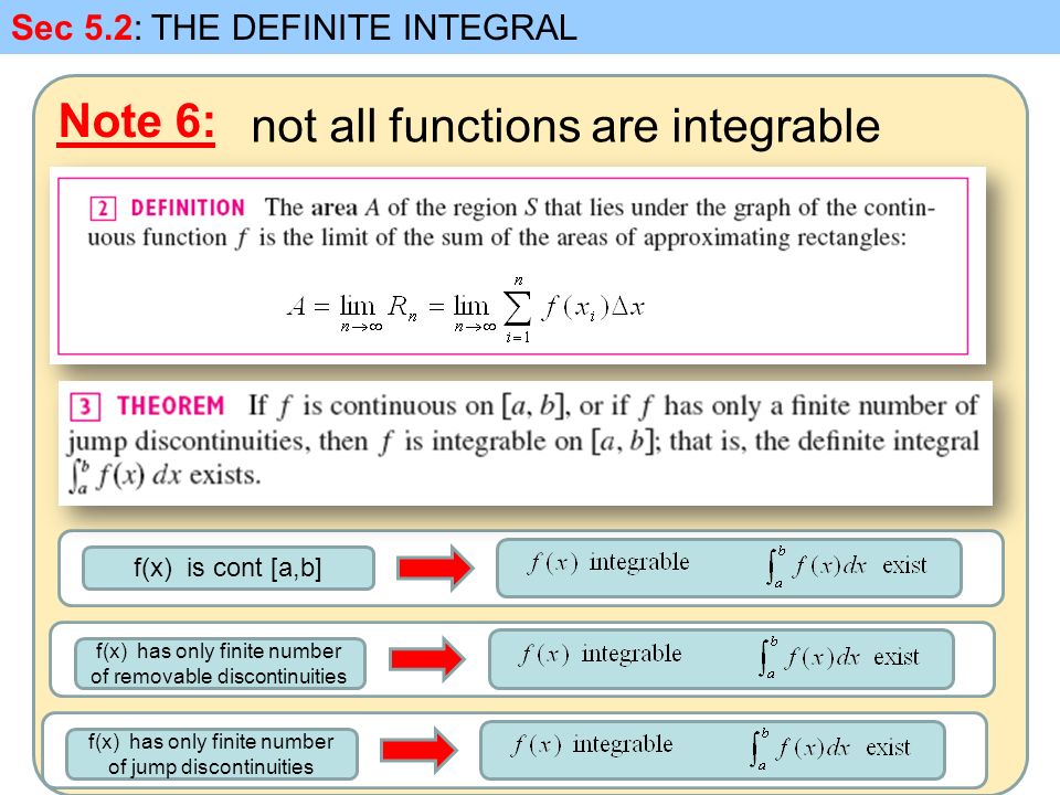 Note 6: Sec 5.2: THE DEFINITE INTEGRAL not all functions are integrable f(x) is cont [a,b] f(x) has only finite number of removable discontinuities f(x) has only finite number of jump discontinuities
