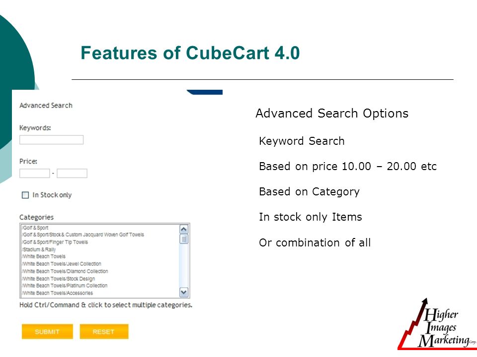 Features of CubeCart 4.0 Advanced Search Options Keyword Search Based on price – etc Based on Category In stock only Items Or combination of all