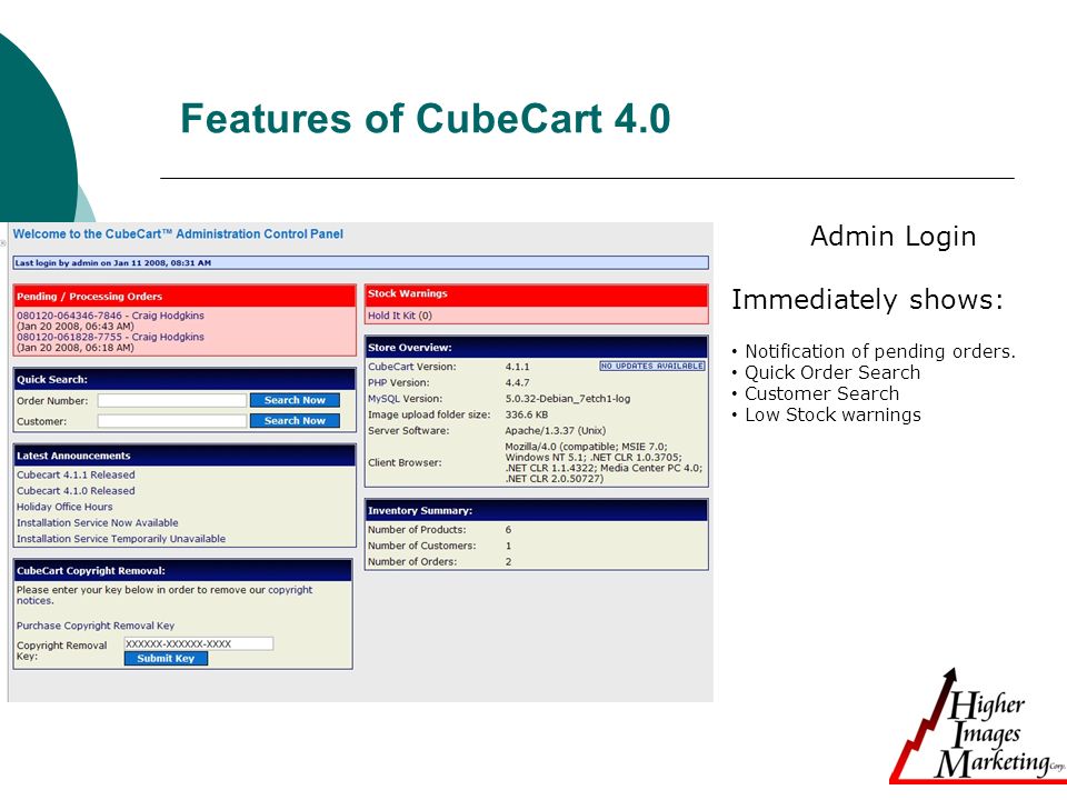 Features of CubeCart 4.0 Admin Login Immediately shows: Notification of pending orders.