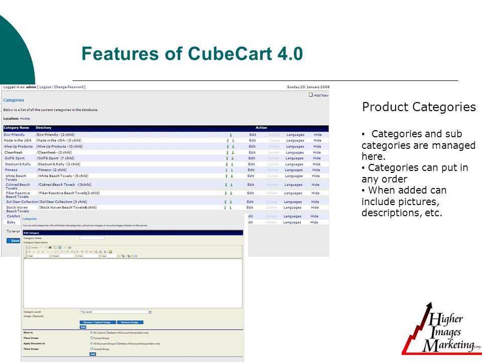 Features of CubeCart 4.0 Product Categories Categories and sub categories are managed here.