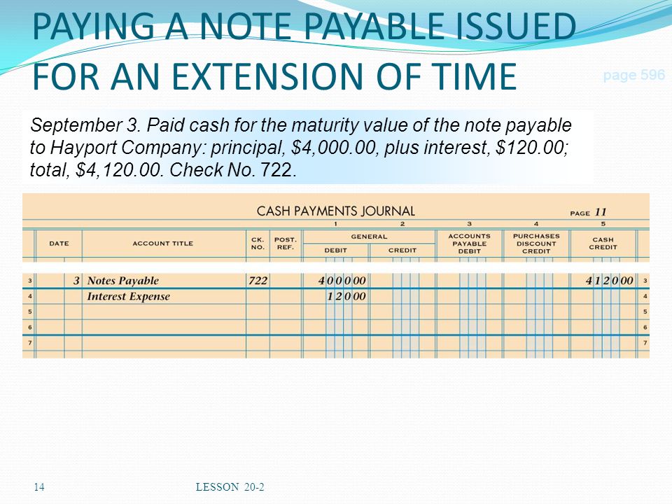 14LESSON 20-2 PAYING A NOTE PAYABLE ISSUED FOR AN EXTENSION OF TIME page 596 September 3.