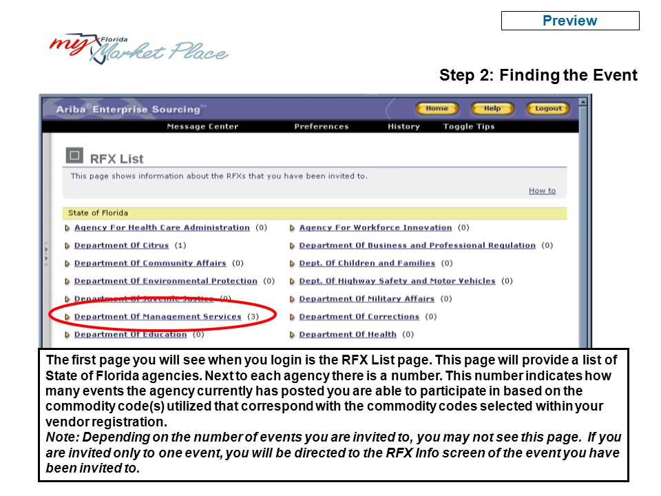 Step 2: Finding the Event The first page you will see when you login is the RFX List page.