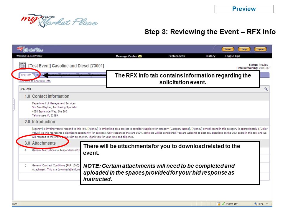 Step 3: Reviewing the Event – RFX Info Preview The RFX Info tab contains information regarding the solicitation event.