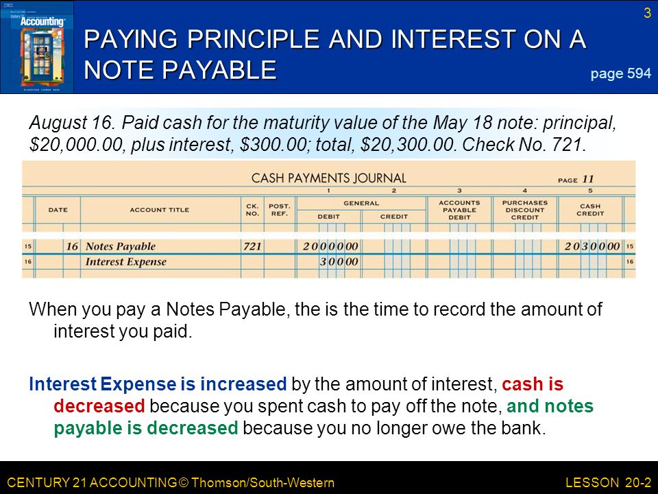 CENTURY 21 ACCOUNTING © Thomson/South-Western 3 LESSON 20-2 PAYING PRINCIPLE AND INTEREST ON A NOTE PAYABLE page 594 August 16.