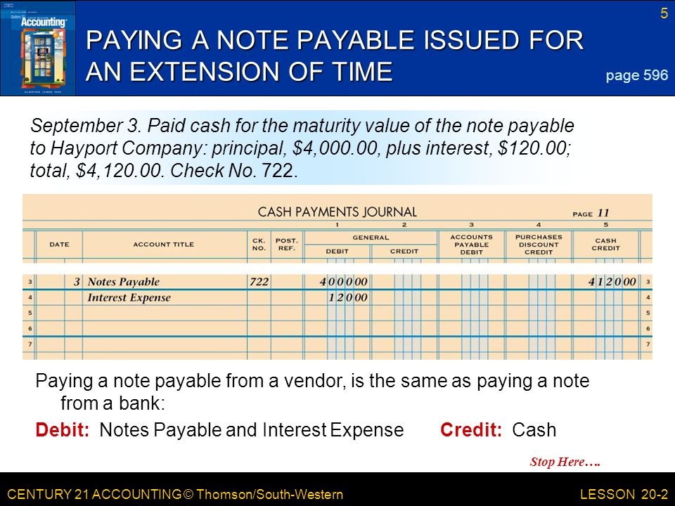 CENTURY 21 ACCOUNTING © Thomson/South-Western 5 LESSON 20-2 PAYING A NOTE PAYABLE ISSUED FOR AN EXTENSION OF TIME page 596 September 3.