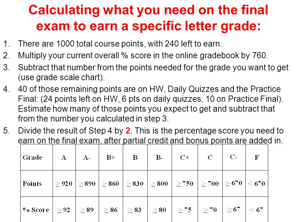 Calculating what you need on the final exam to earn a specific letter grade: 1.There are 1000 total course points, with 240 left to earn.