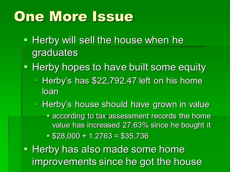 One More Issue  Herby will sell the house when he graduates  Herby hopes to have built some equity  Herby’s has $22, left on his home loan  Herby’s house should have grown in value  according to tax assessment records the home value has increased 27.63% since he bought it  $28, = $35,736  Herby has also made some home improvements since he got the house