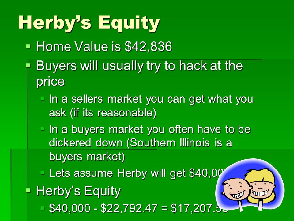 Herby’s Equity  Home Value is $42,836  Buyers will usually try to hack at the price  In a sellers market you can get what you ask (if its reasonable)  In a buyers market you often have to be dickered down (Southern Illinois is a buyers market)  Lets assume Herby will get $40,000  Herby’s Equity  $40,000 - $22, = $17,207.53