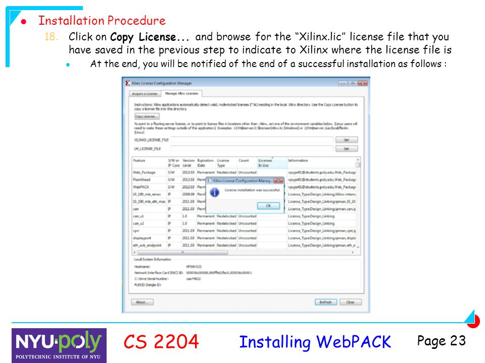 Installing WebPACK CS 2204 Page 23 Installation Procedure 18.Click on Copy License...