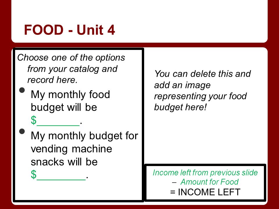 FOOD - Unit 4 Choose one of the options from your catalog and record here.