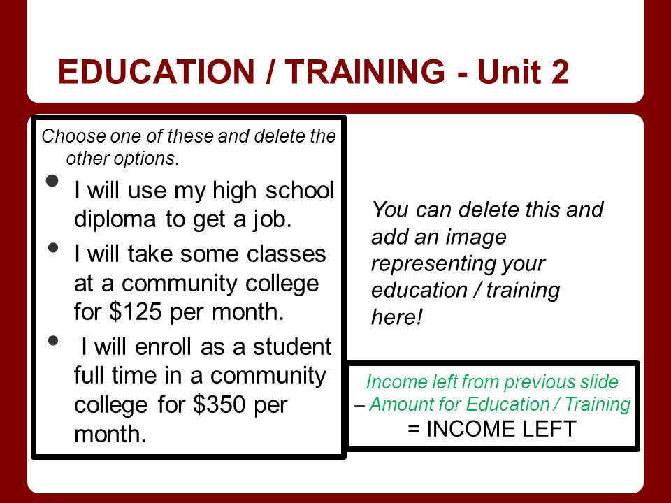 EDUCATION / TRAINING - Unit 2 Choose one of these and delete the other options.