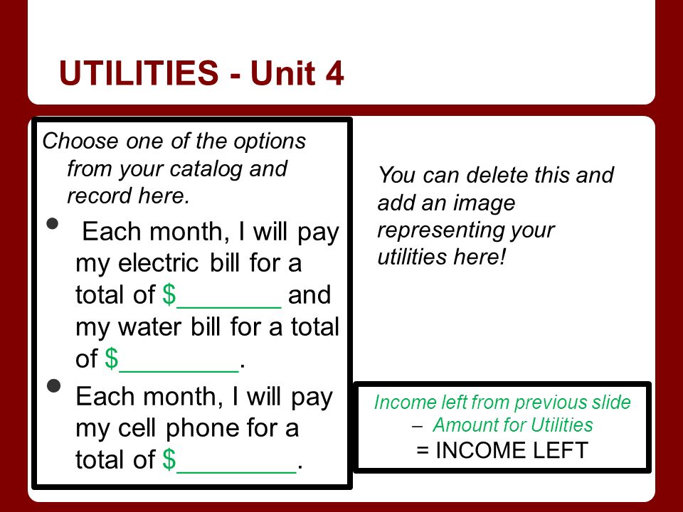 UTILITIES - Unit 4 Choose one of the options from your catalog and record here.