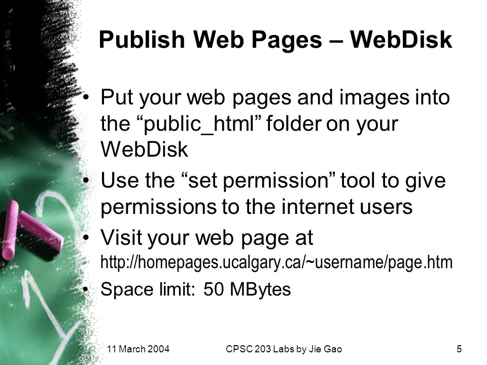 11 March 2004CPSC 203 Labs by Jie Gao5 Publish Web Pages – WebDisk Put your web pages and images into the public_html folder on your WebDisk Use the set permission tool to give permissions to the internet users Visit your web page at   Space limit: 50 MBytes