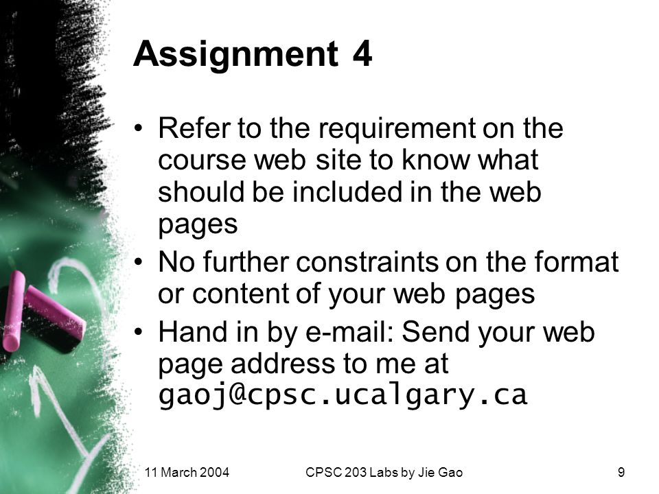 11 March 2004CPSC 203 Labs by Jie Gao9 Assignment 4 Refer to the requirement on the course web site to know what should be included in the web pages No further constraints on the format or content of your web pages Hand in by   Send your web page address to me at
