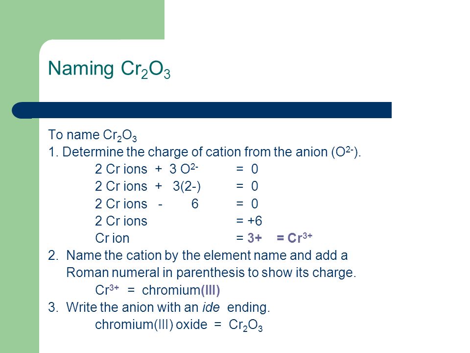 Naming Cr 2 O 3 To name Cr 2 O 3 1. Determine the charge of cation from the anion (O 2- ).