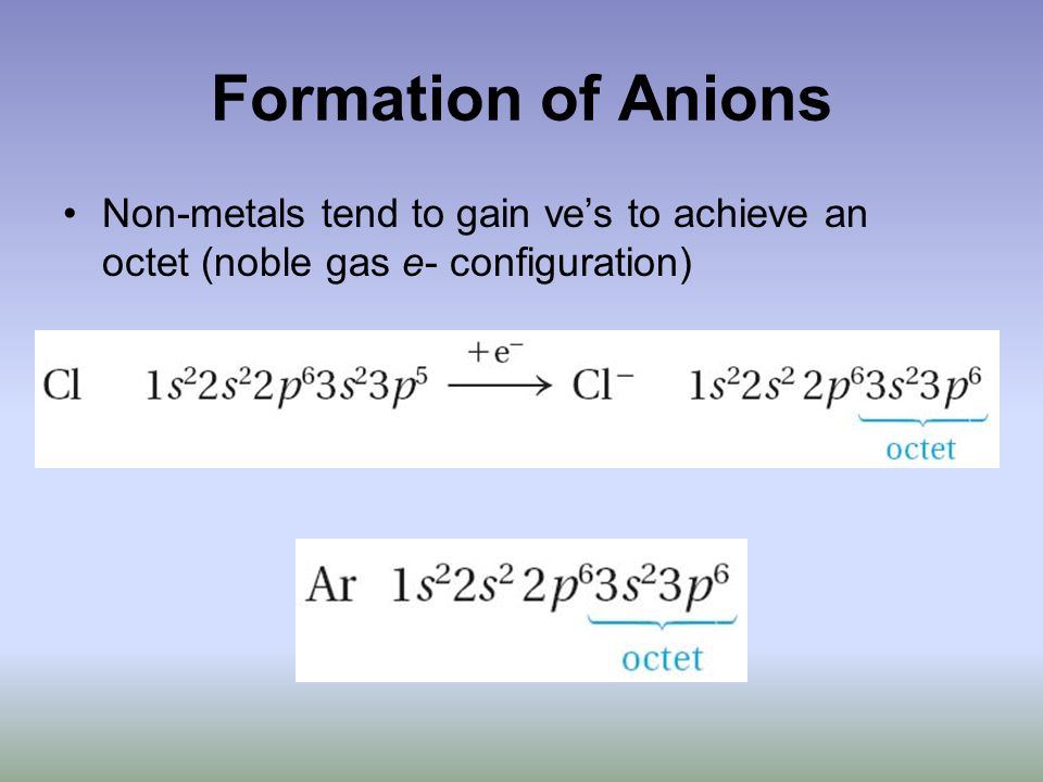 Formation of Anions Non-metals tend to gain ve’s to achieve an octet (noble gas e- configuration)