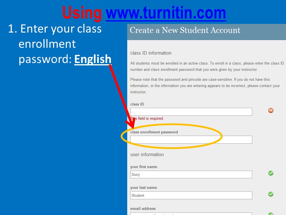 Using   1. Enter your class enrollment password: English