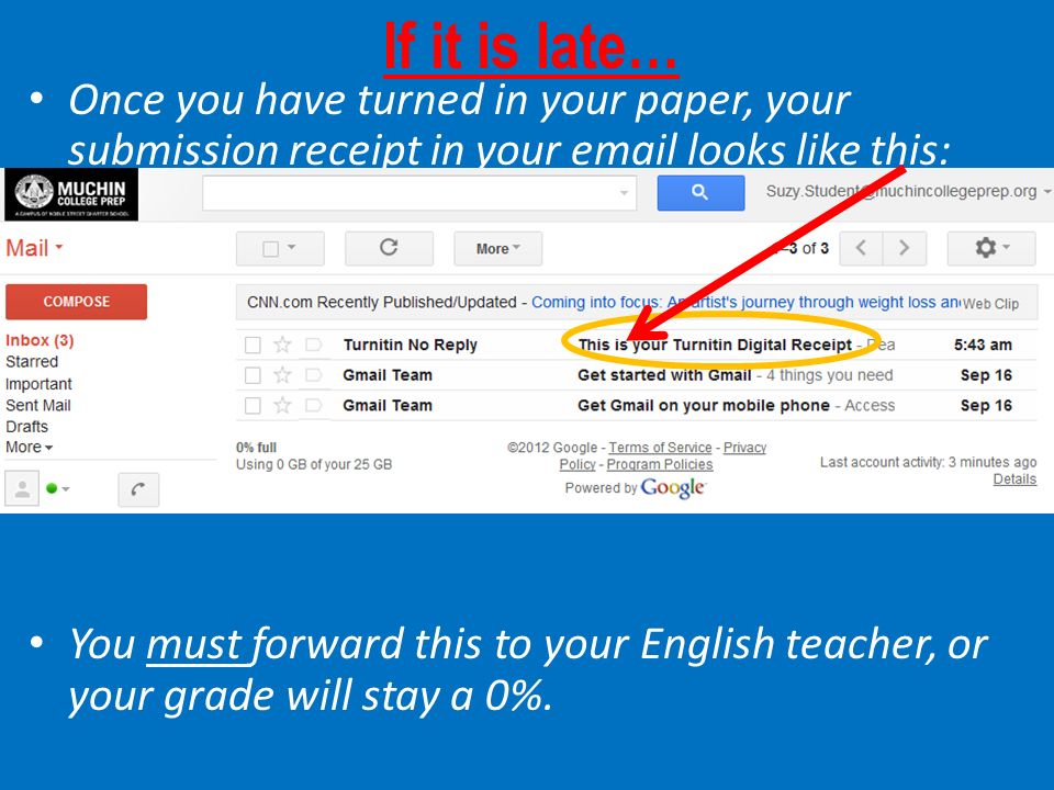 If it is late… Once you have turned in your paper, your submission receipt in your  looks like this: You must forward this to your English teacher, or your grade will stay a 0%.