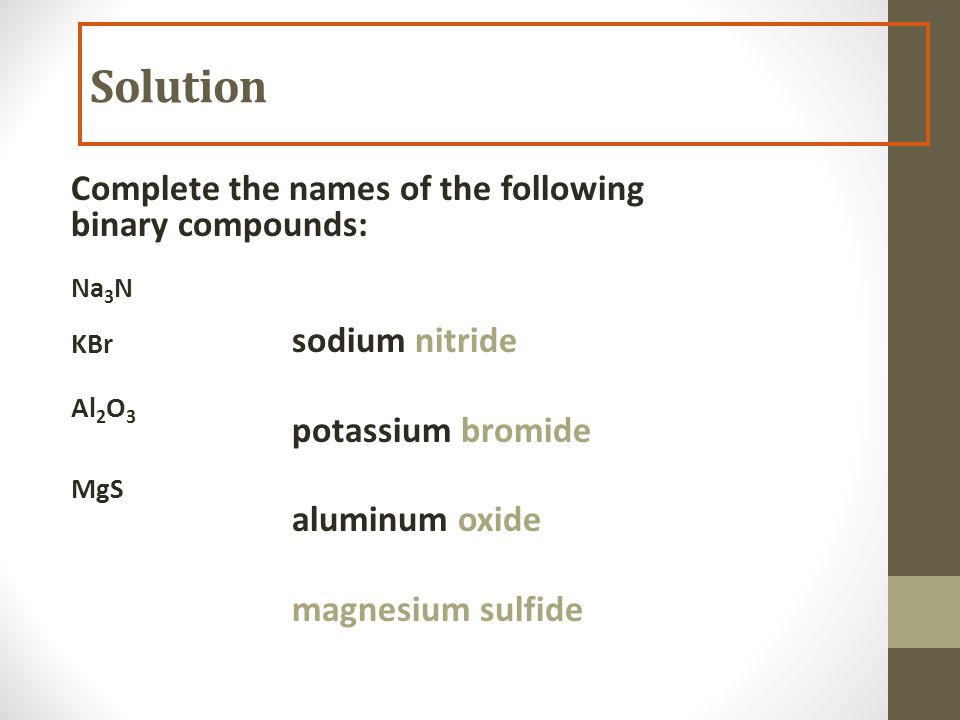 Complete the names of the following binary compounds: Na 3 N KBr Al 2 O 3 MgS Solution sodium nitride potassium bromide aluminum oxide magnesium sulfide