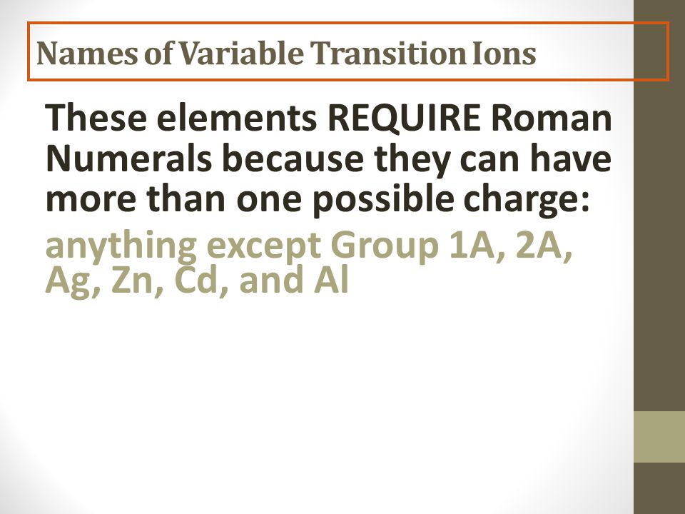 These elements REQUIRE Roman Numerals because they can have more than one possible charge: anything except Group 1A, 2A, Ag, Zn, Cd, and Al Names of Variable Transition Ions
