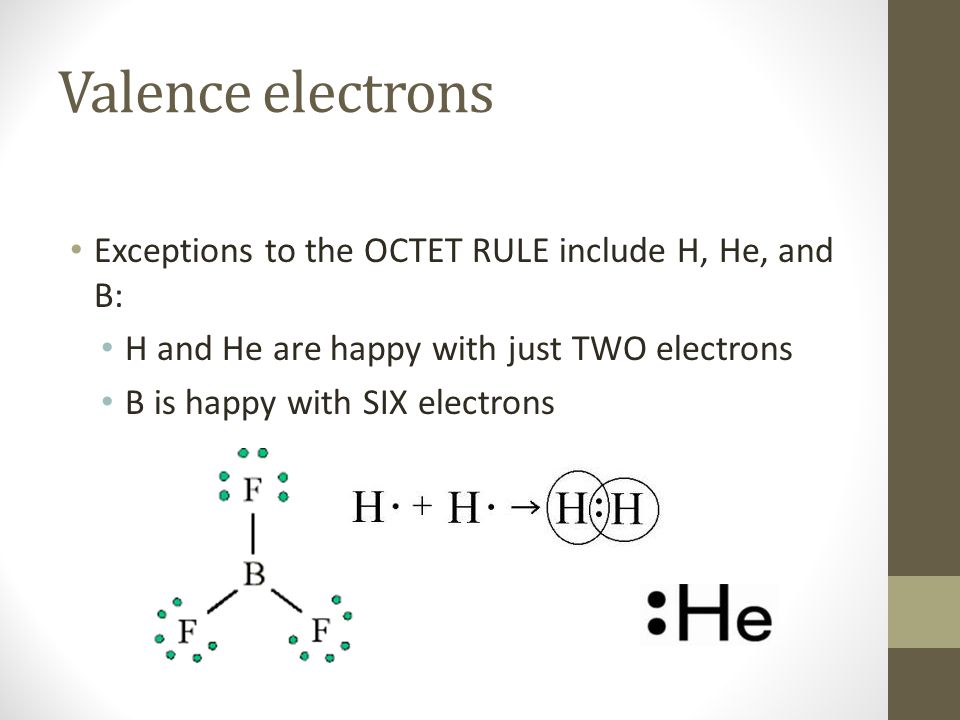 Valence electrons Exceptions to the OCTET RULE include H, He, and B: H and He are happy with just TWO electrons B is happy with SIX electrons
