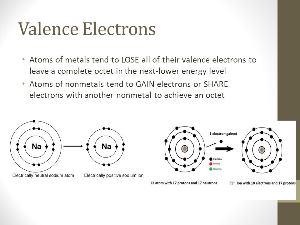 Valence Electrons Atoms of metals tend to LOSE all of their valence electrons to leave a complete octet in the next-lower energy level Atoms of nonmetals tend to GAIN electrons or SHARE electrons with another nonmetal to achieve an octet