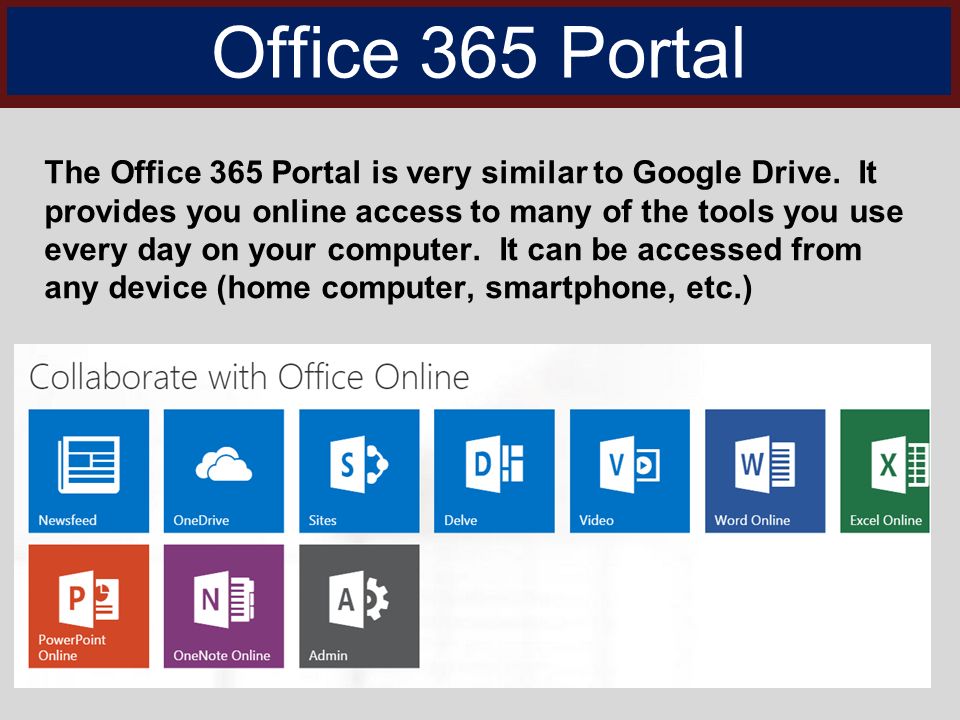 Office 365 Portal The Office 365 Portal is very similar to Google Drive.