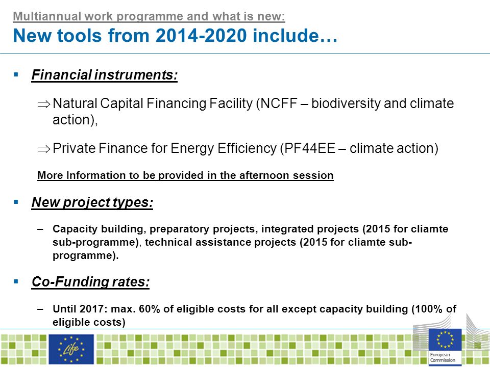 Multiannual work programme and what is new: New tools from include…  Financial instruments:  Natural Capital Financing Facility (NCFF – biodiversity and climate action),  Private Finance for Energy Efficiency (PF44EE – climate action) More Information to be provided in the afternoon session  New project types: –Capacity building, preparatory projects, integrated projects (2015 for cliamte sub-programme), technical assistance projects (2015 for cliamte sub- programme).