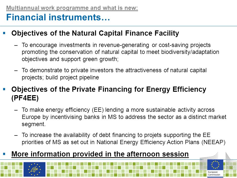 Multiannual work programme and what is new: Financial instruments…  Objectives of the Natural Capital Finance Facility –To encourage investments in revenue-generating or cost-saving projects promoting the conservation of natural capital to meet biodiversity/adaptation objectives and support green growth; –To demonstrate to private investors the attractiveness of natural capital projects; build project pipeline  Objectives of the Private Financing for Energy Efficiency (PF4EE) –To make energy efficiency (EE) lending a more sustainable activity across Europe by incentivising banks in MS to address the sector as a distinct market segment.