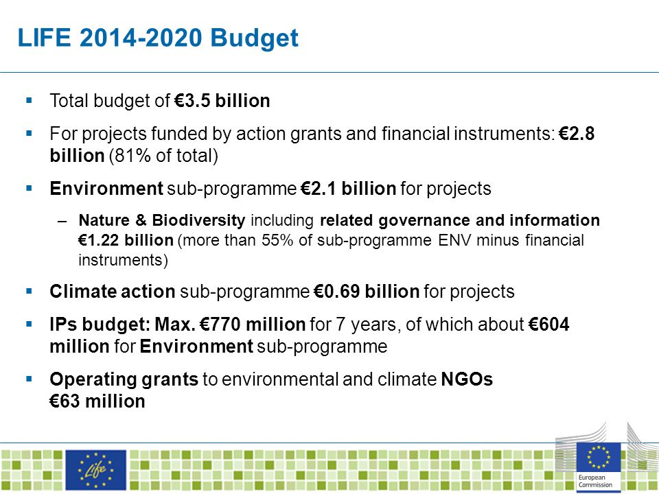 LIFE Budget  Total budget of €3.5 billion  For projects funded by action grants and financial instruments: €2.8 billion (81% of total)  Environment sub-programme €2.1 billion for projects –Nature & Biodiversity including related governance and information €1.22 billion (more than 55% of sub-programme ENV minus financial instruments)  Climate action sub-programme €0.69 billion for projects  IPs budget: Max.