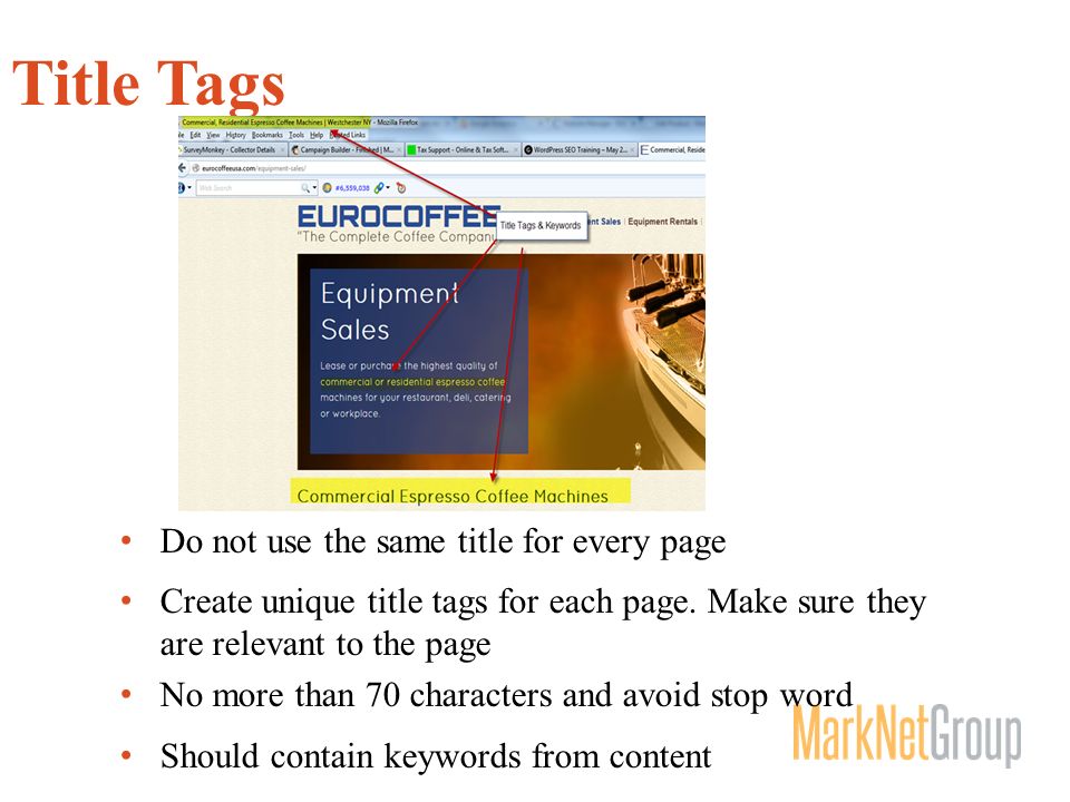 Title Tags Do not use the same title for every page Create unique title tags for each page.