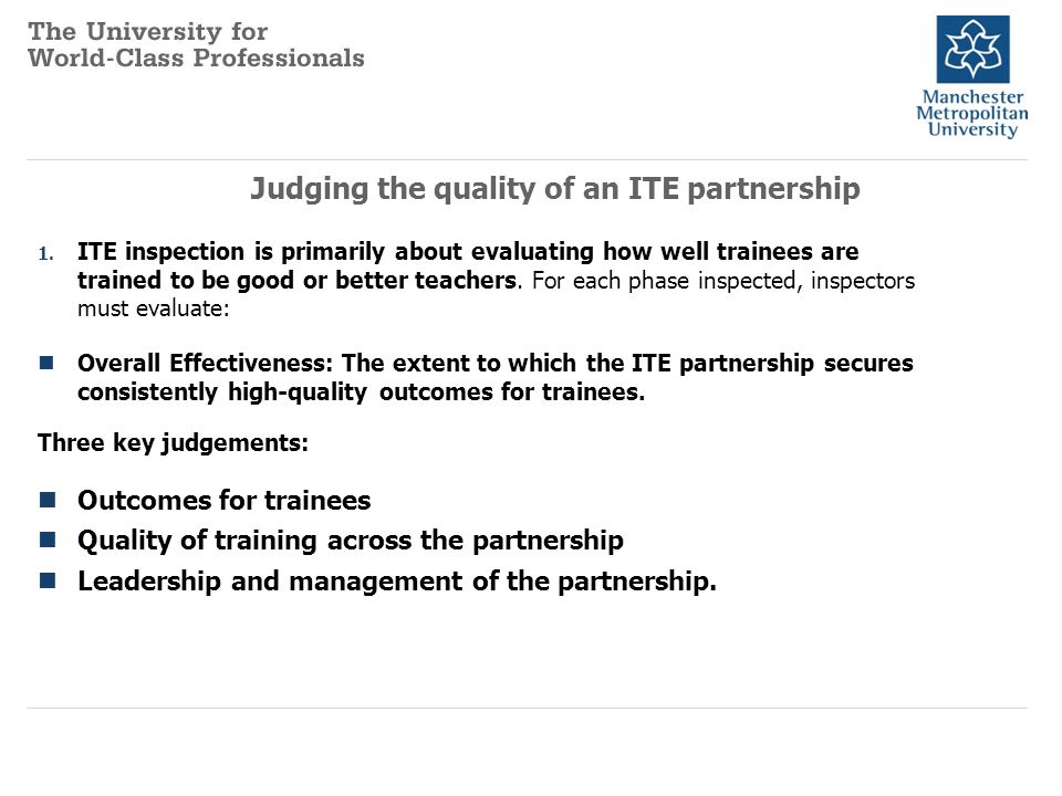 Judging the quality of an ITE partnership 1.ITE inspection is primarily about evaluating how well trainees are trained to be good or better teachers.