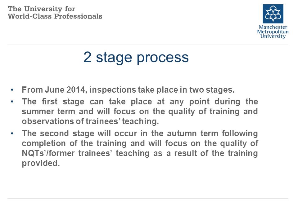 2 stage process From June 2014, inspections take place in two stages.